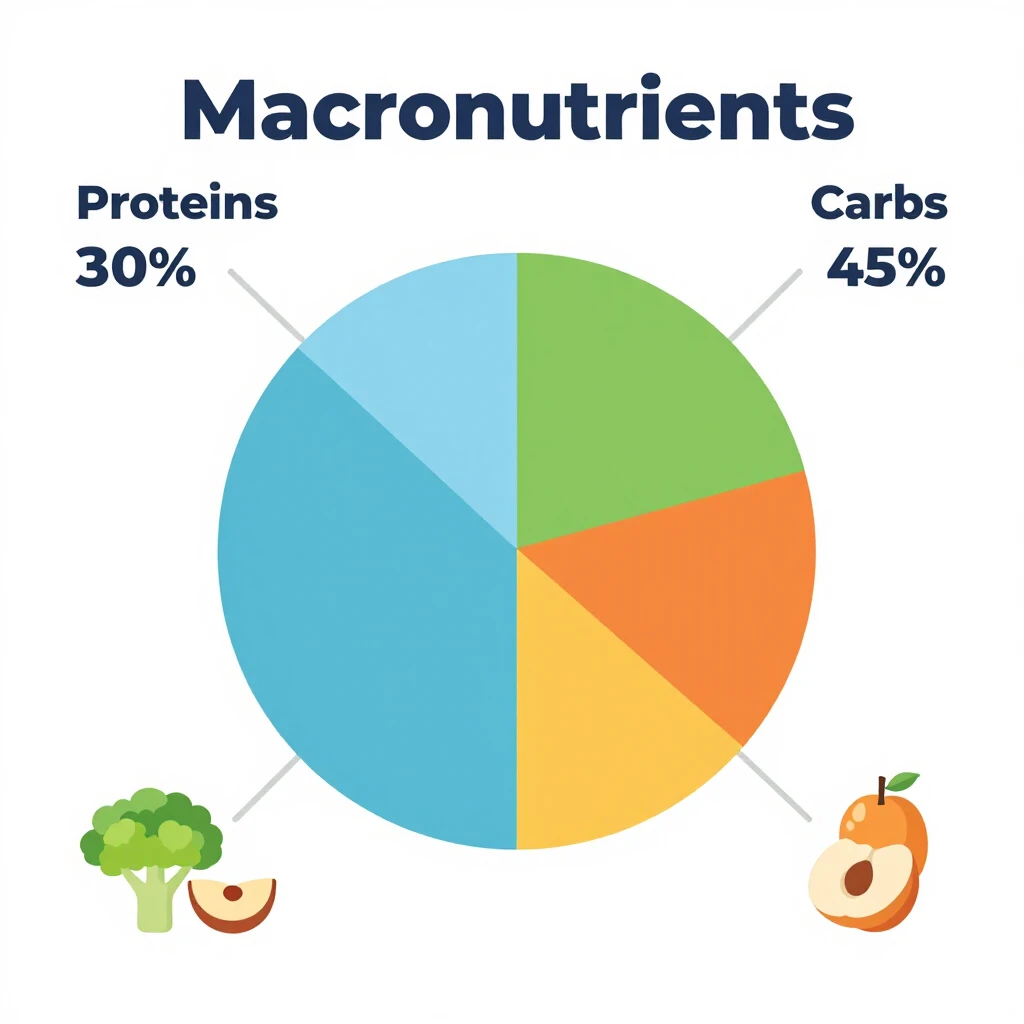 Diagramă circulară cu distribuția macronutrienților recomandați pentru fitness: proteine, grăsimi și carbohidrați