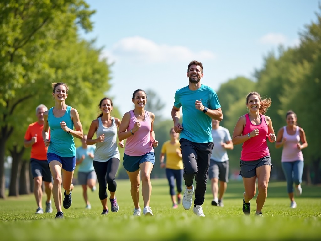 Imagine cu persoane de diferite vârste făcând exerciții fizice în parc pentru a ilustra diversitatea și comunitatea în slăbire sănătoasă.