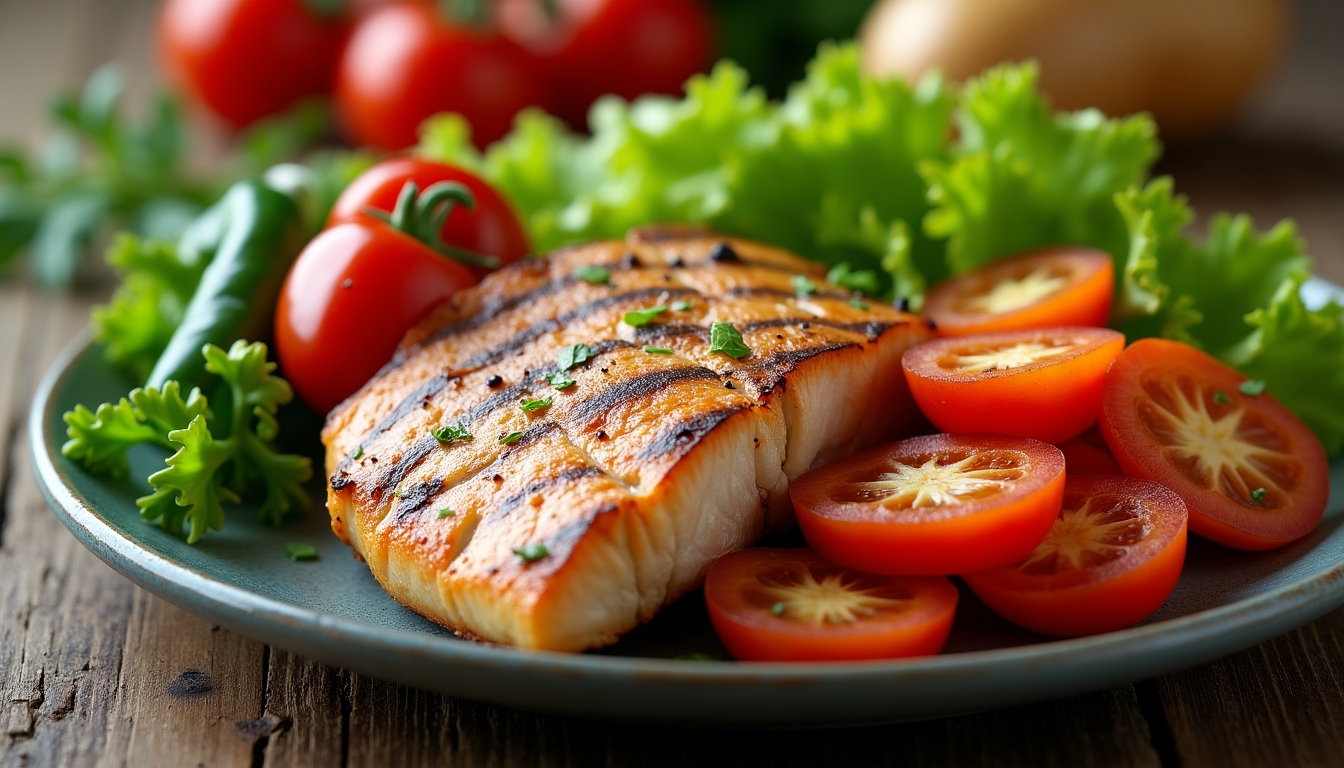 O masă sănătoasă cu legume proaspete și pește la grill.