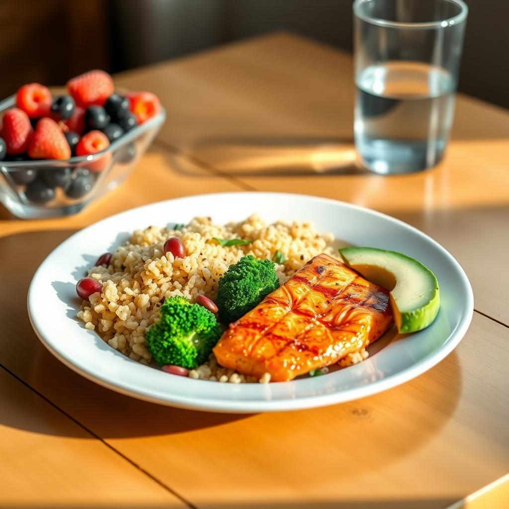 Masă sănătoasă cu somon la grătar, quinoa, broccoli și avocado, așezată pe o masă de lemn, luminată natural.