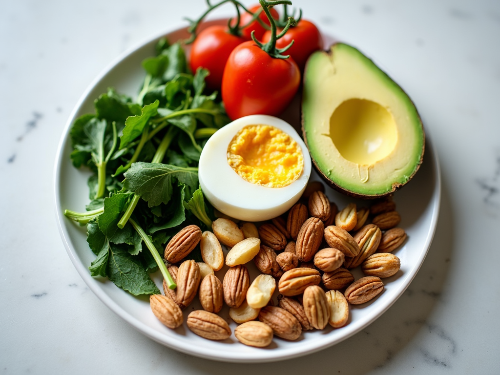Farfurie cu alimente keto: avocado, ouă, nuci și legume verzi.