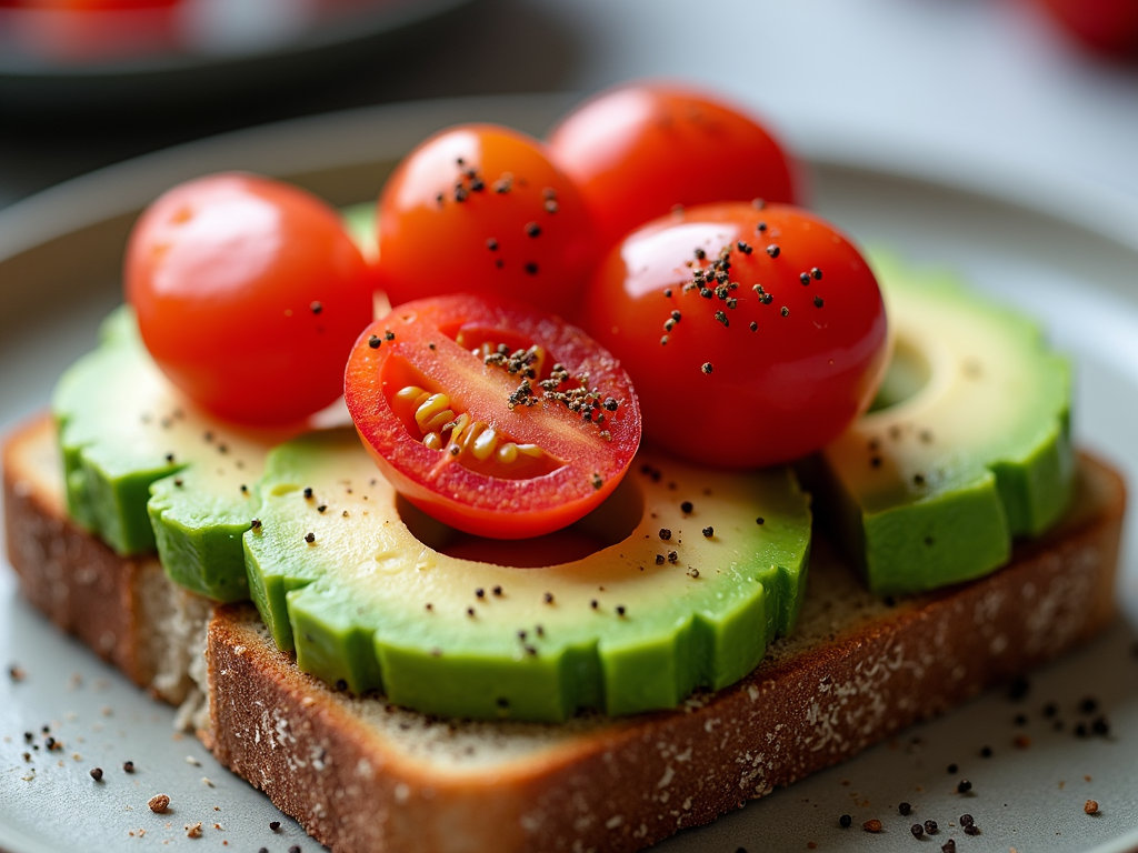 Avocado feliat pe pâine integrală cu roșii cherry
