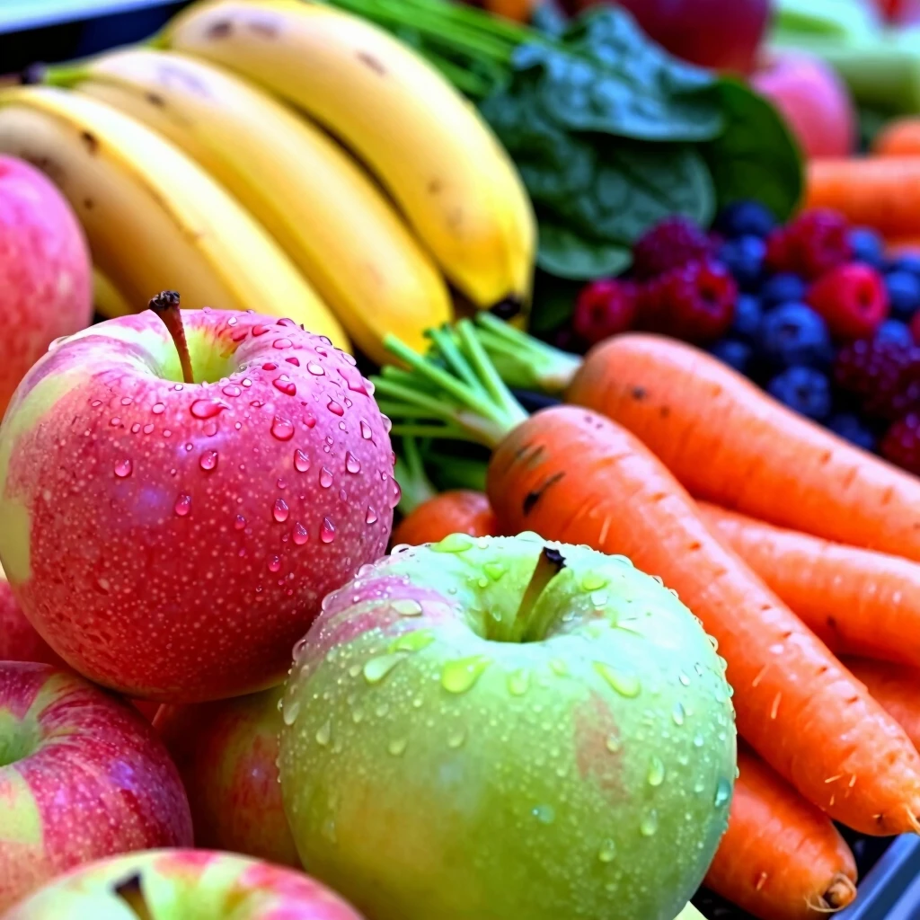 Diversitate de fructe și legume proaspete aranjate atractiv pe un stand de piață: mere, banane, morcovi, spanac, fructe de pădure, cu culori vii și picături de rouă