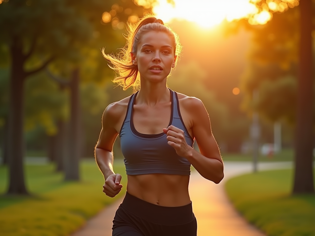 Persoană jogging în parc la răsărit, simbolizând determinarea și angajamentul față de un stil de viață sănătos.