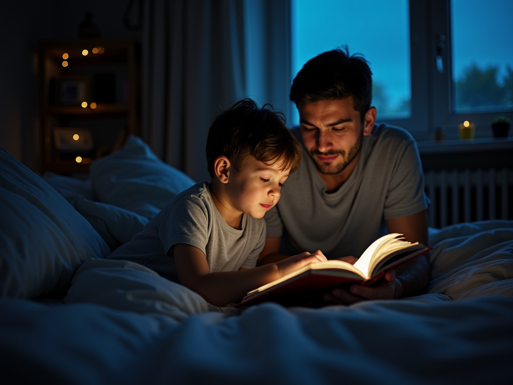 Părinte citind o poveste de culcare unui copil într-o cameră slab luminată