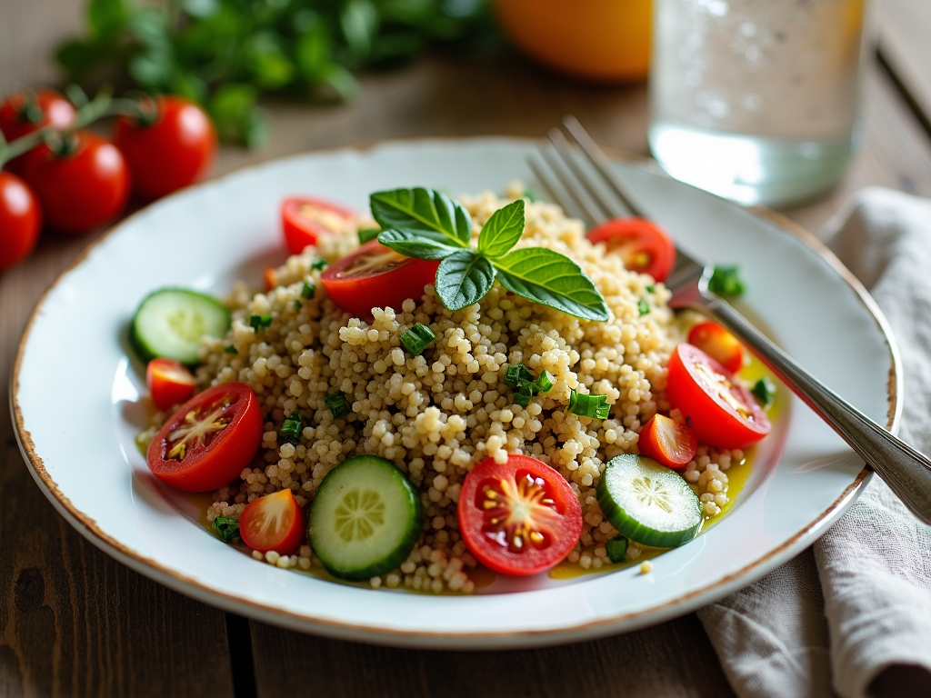 O farfurie cu salată de quinoa cu roșii cherry, castravete, ardei gras și ulei de măsline, pe o masă rustică din lemn.