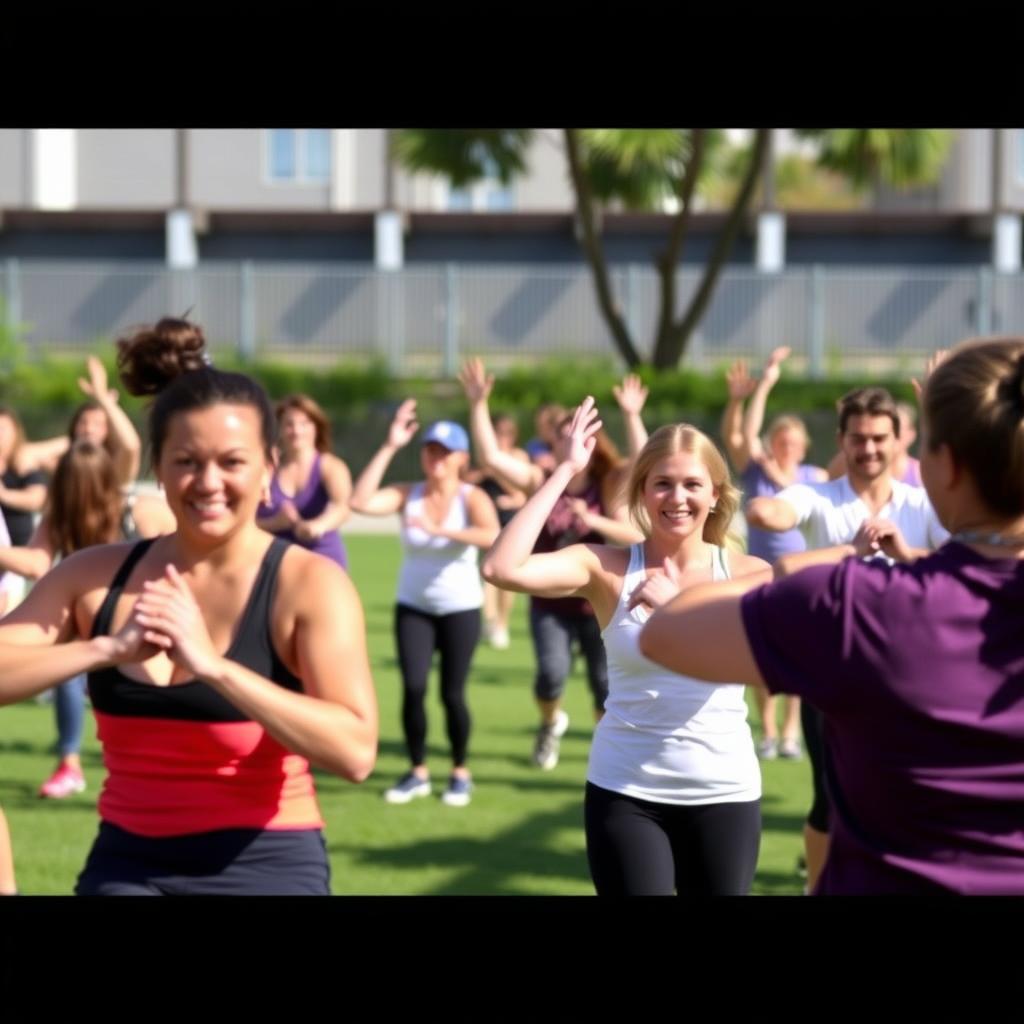 A photo of an outdoor exercise class, with people engaging in various physical activities, showcasing an active lifestyle that complements a healthy diet.