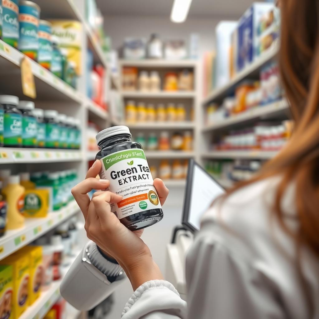 Persoană care citește eticheta unui flacon de suplimente cu extract de ceai verde într-o farmacie, cu rafturi de produse de sănătate pe fundal.