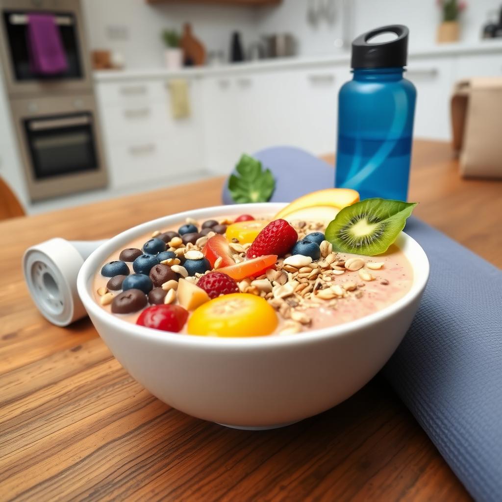 Mic dejun sănătos cu un bol de smoothie colorat, decorat cu fructe, nuci și semințe, pe o masă de lemn lângă un covoraș de yoga.