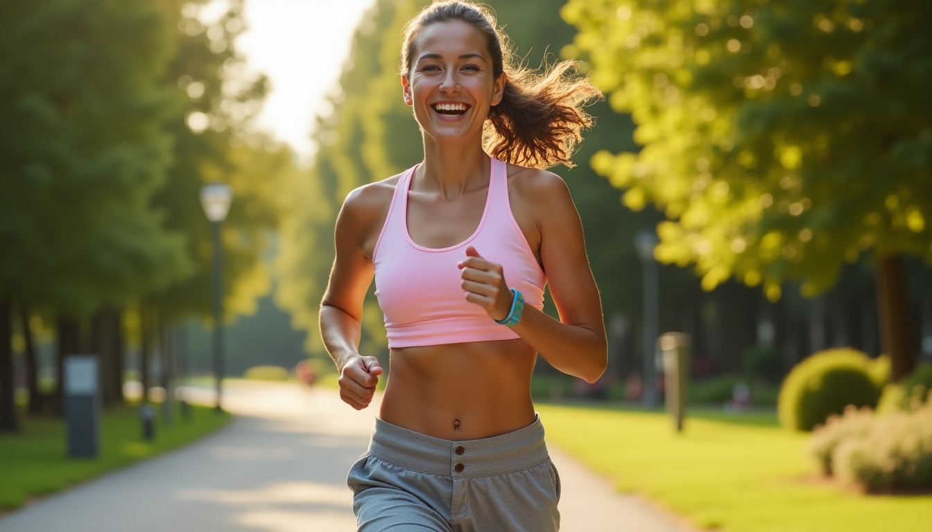 O persoană implicată într-un stil de viață activ, cum ar fi alergarea, ciclismul sau practicarea yoga, cu accent pe bucuria și energia care vin din a fi activ.