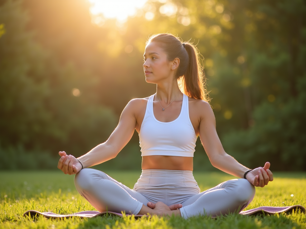 O persoană sănătoasă și în formă practicând yoga într-un cadru natural liniștit, cu verdeață și soare în fundal.