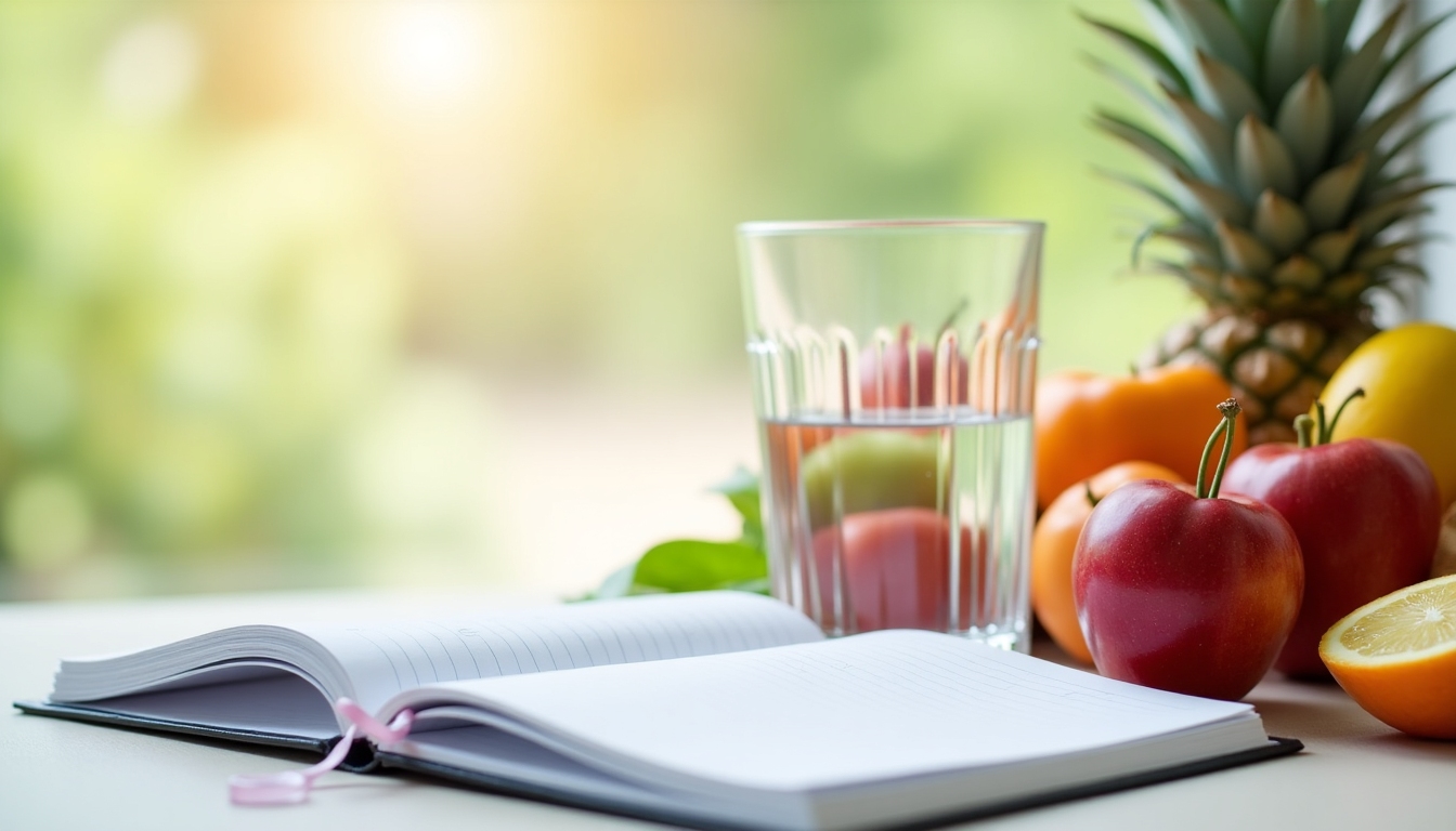 Un jurnal alimentar deschis lângă un pahar de apă și fructe, simbolizând planificarea și monitorizarea sănătății.