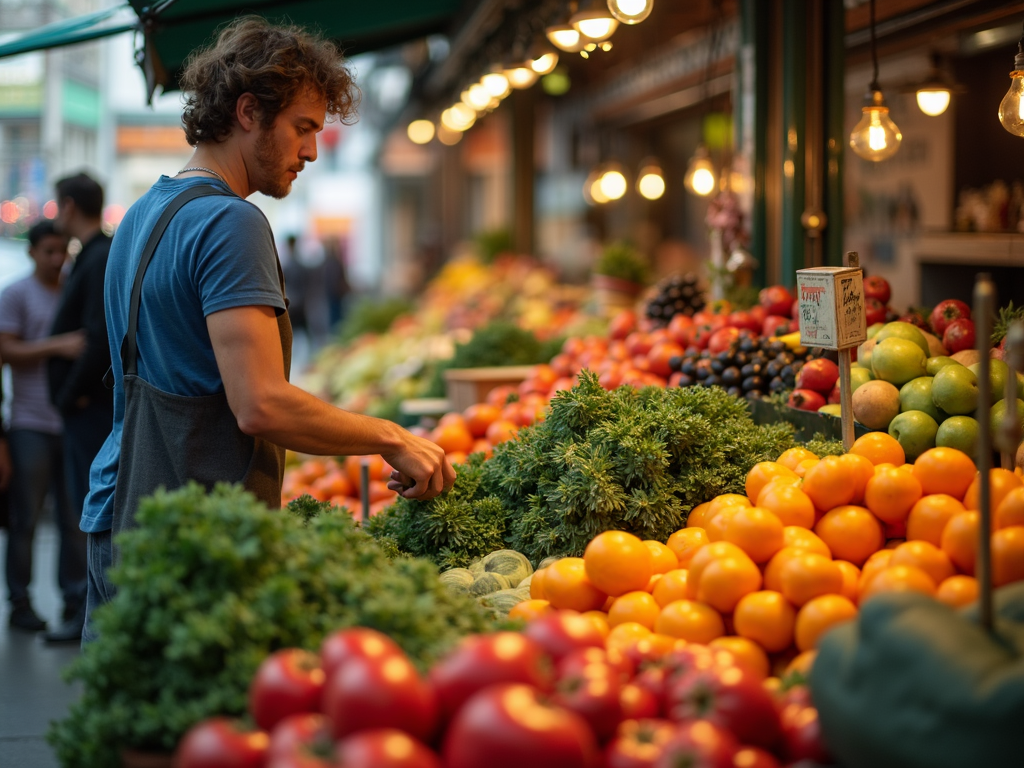 O persoană care cumpără fructe și legume proaspete de la piață