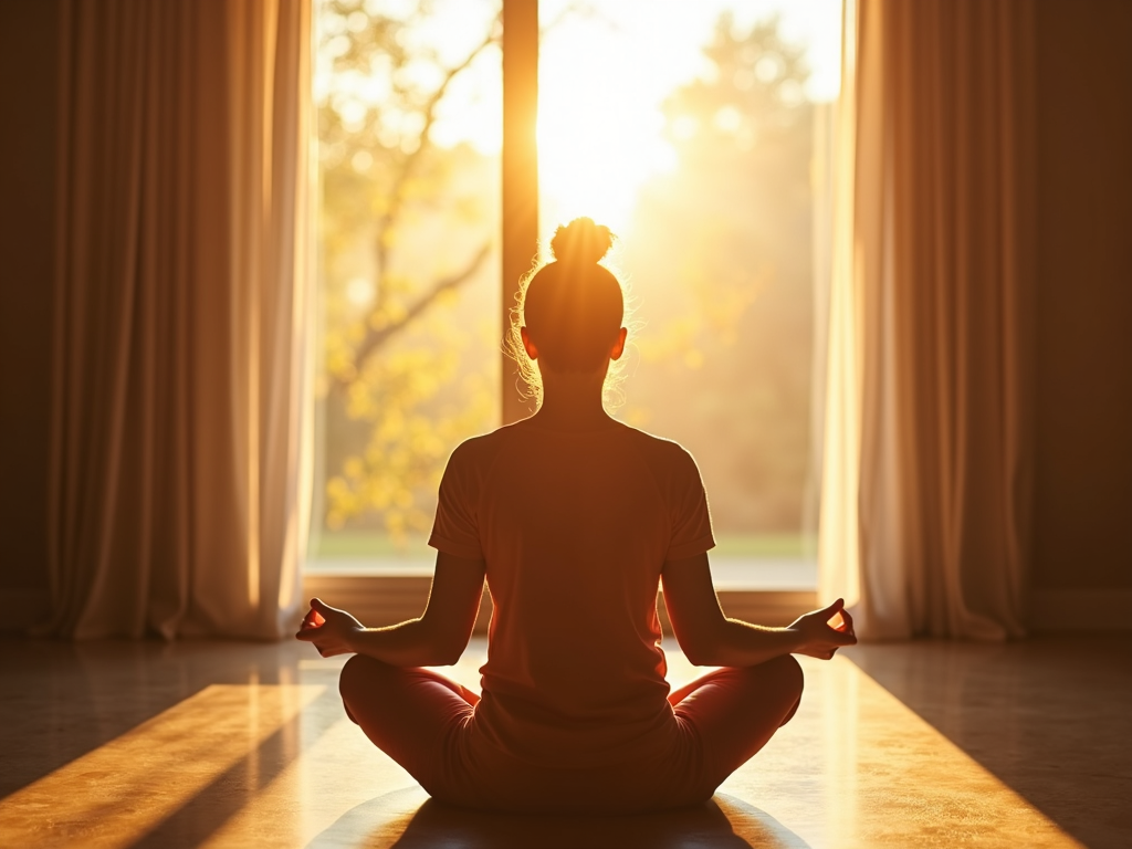 Persoană meditând dimineața într-o cameră luminată de soare