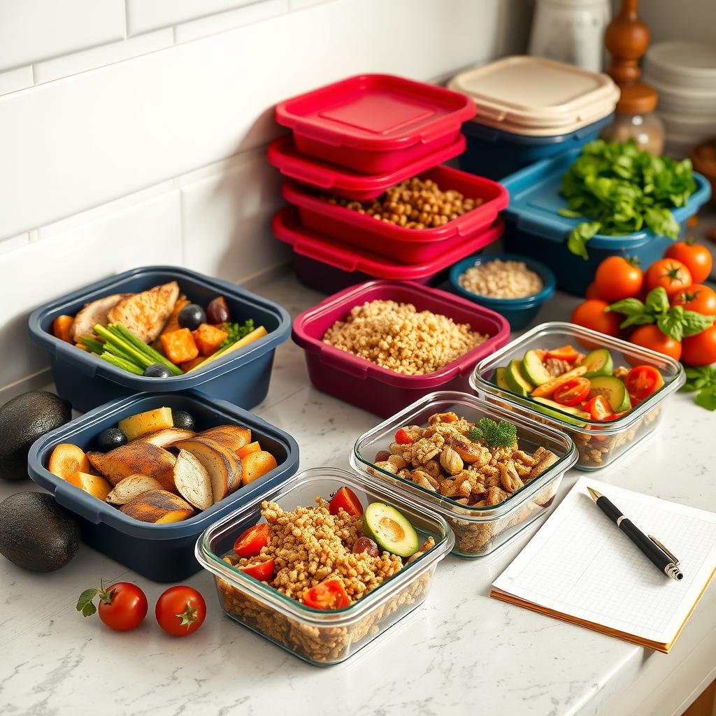 Aranjament de pregătire a meselor pentru o săptămână, cu recipiente pline de mâncare sănătoasă și ingrediente proaspete pe un blat de bucătărie.
