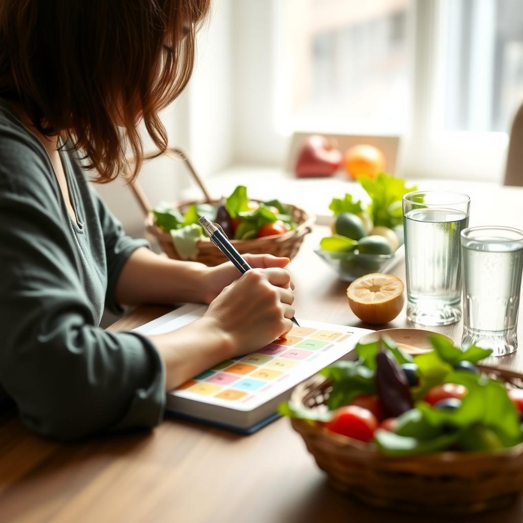 Persoană care notează într-un jurnal colorat pe o masă de lemn, înconjurată de alimente sănătoase precum o salată, un pahar cu apă și un coș cu fructe.