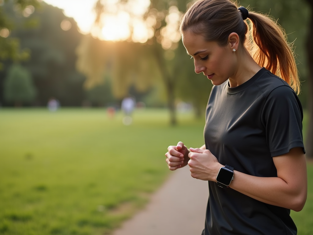 Persoană care aleargă în aer liber și verifică o aplicație de fitness pe ceasul inteligent.