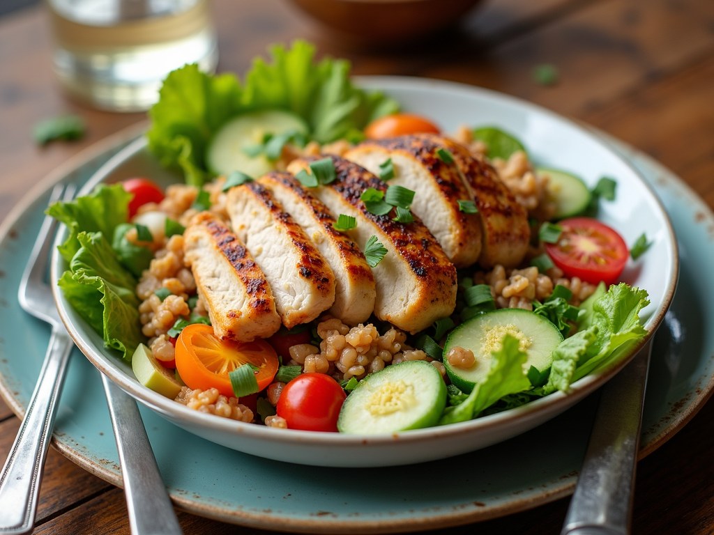Salată colorată cu legume proaspete și pui grill