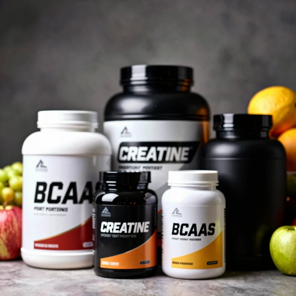 Suplimente sportive populare precum pudră proteică, creatină și BCAA alături de fructe proaspete