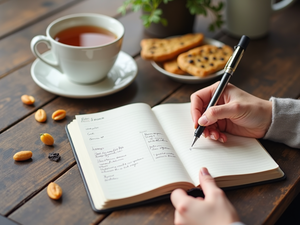 Mână care scrie într-un jurnal alimentar, cu o ceașcă de ceai și gustări sănătoase alături