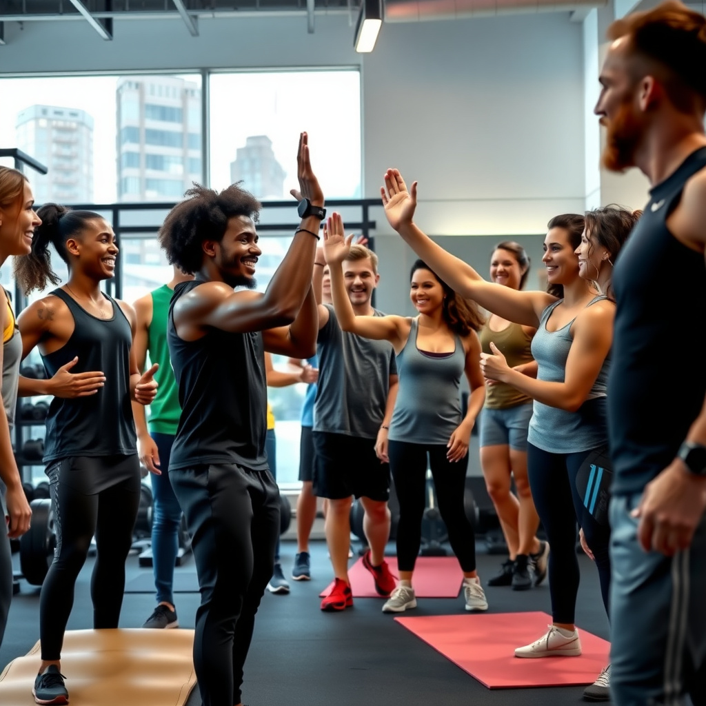 Grup de oameni motivați în sală de fitness, sărbătorind progresele în programul de slăbit