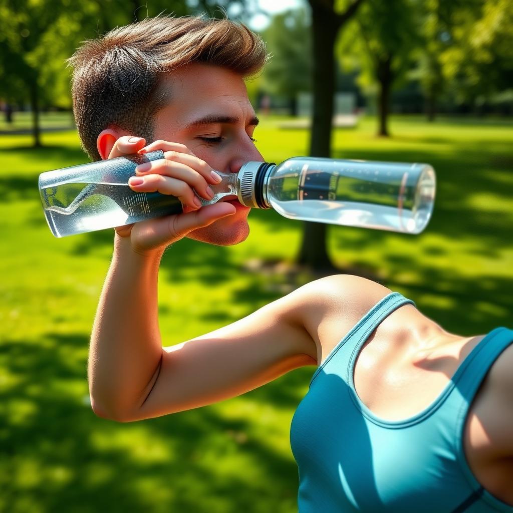 Persoană hidratându-se cu apă dintr-o sticlă reutilizabilă în timpul unui antrenament în aer liber, într-un parc cu iarbă verde și copaci.