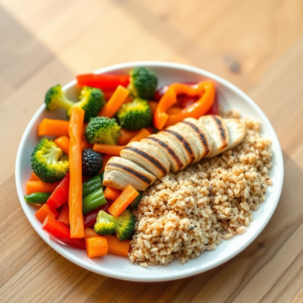 Farfurie cu o masă echilibrată, conținând legume colorate, proteină slabă și cereale integrale, așezată pe o masă din lemn.