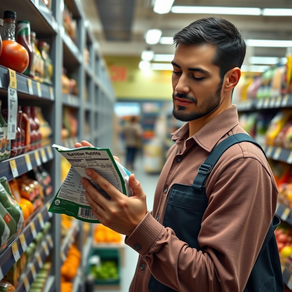 Persoană care examinează eticheta nutrițională a unui produs alimentar într-un raion de supermarket, cu fructe și legume colorate pe fundal.