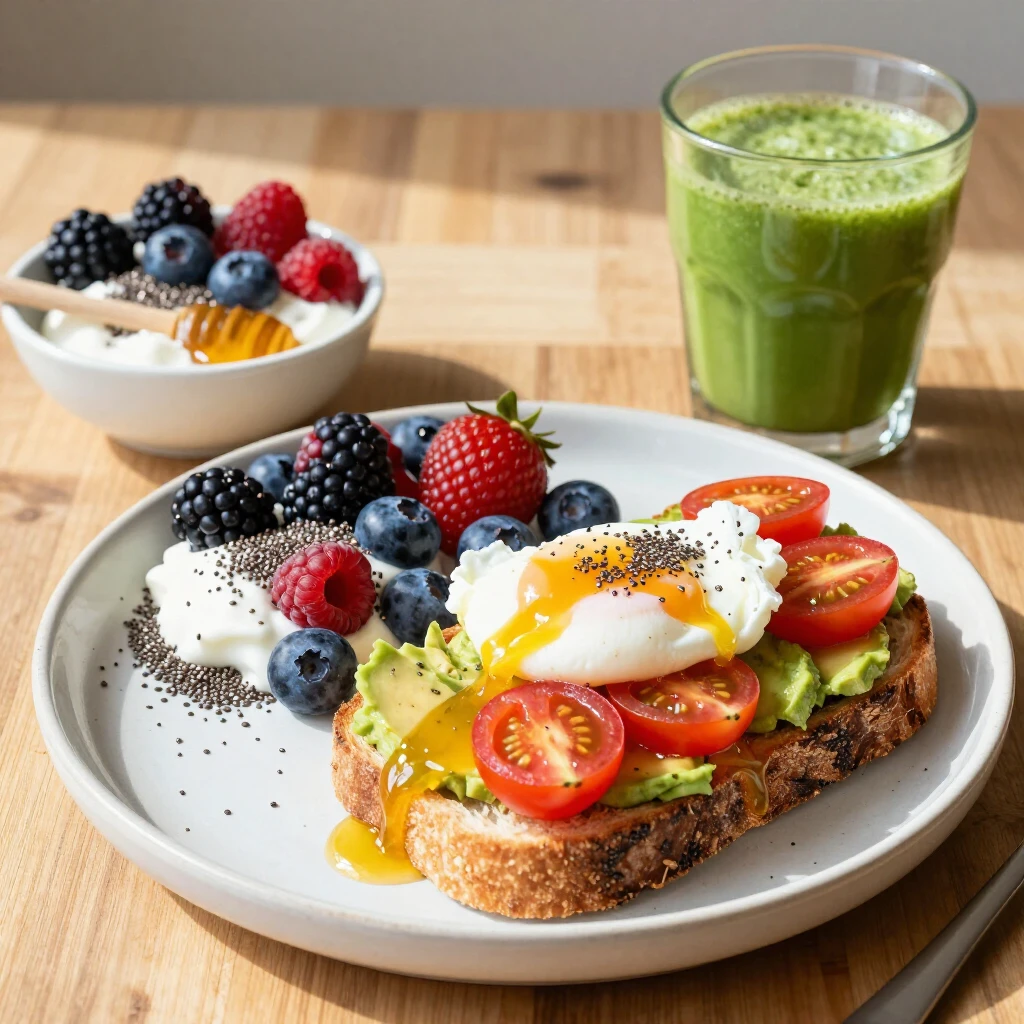 Mic dejun sănătos și colorat cu avocado toast, fructe și smoothie verde