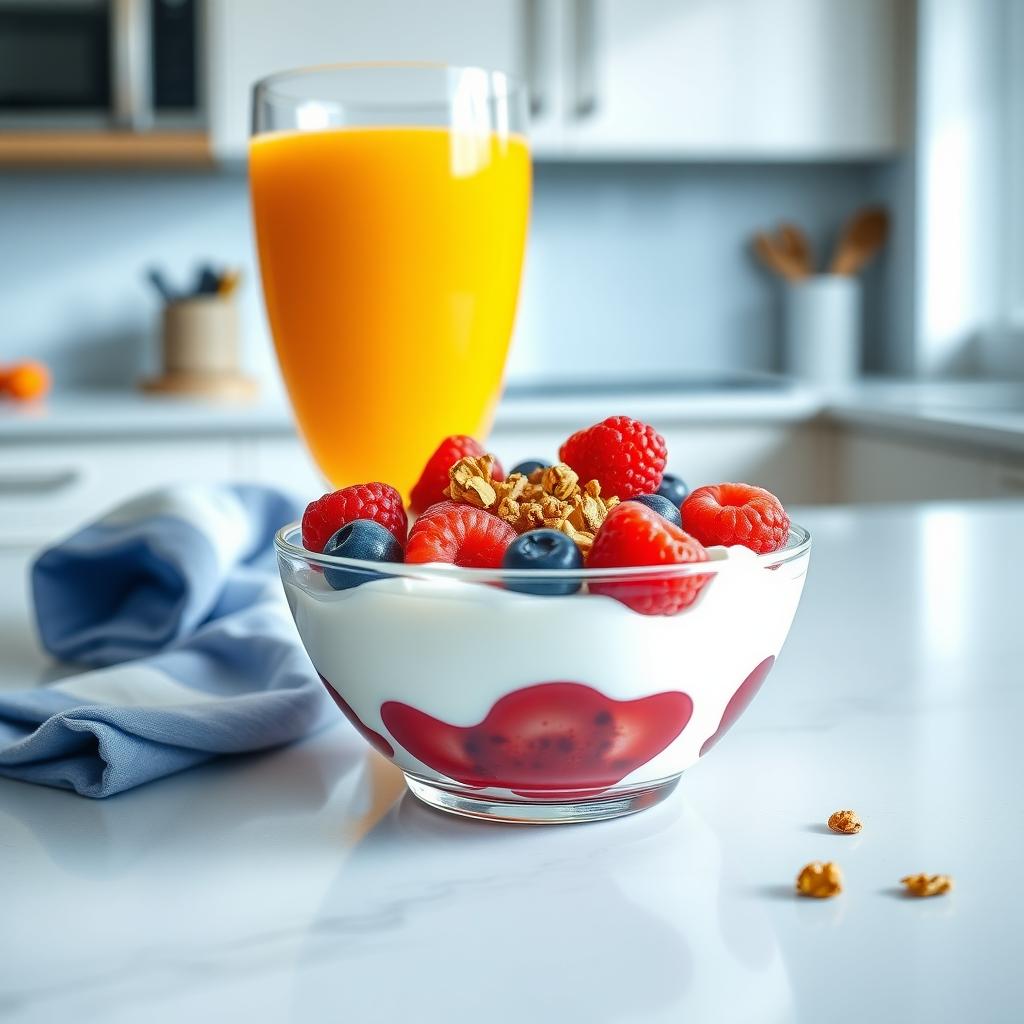 Gustare post-antrenament cu iaurt grecesc, fructe de pădure și granola, alături de un pahar cu suc de portocale, pe un blat de bucătărie modern.