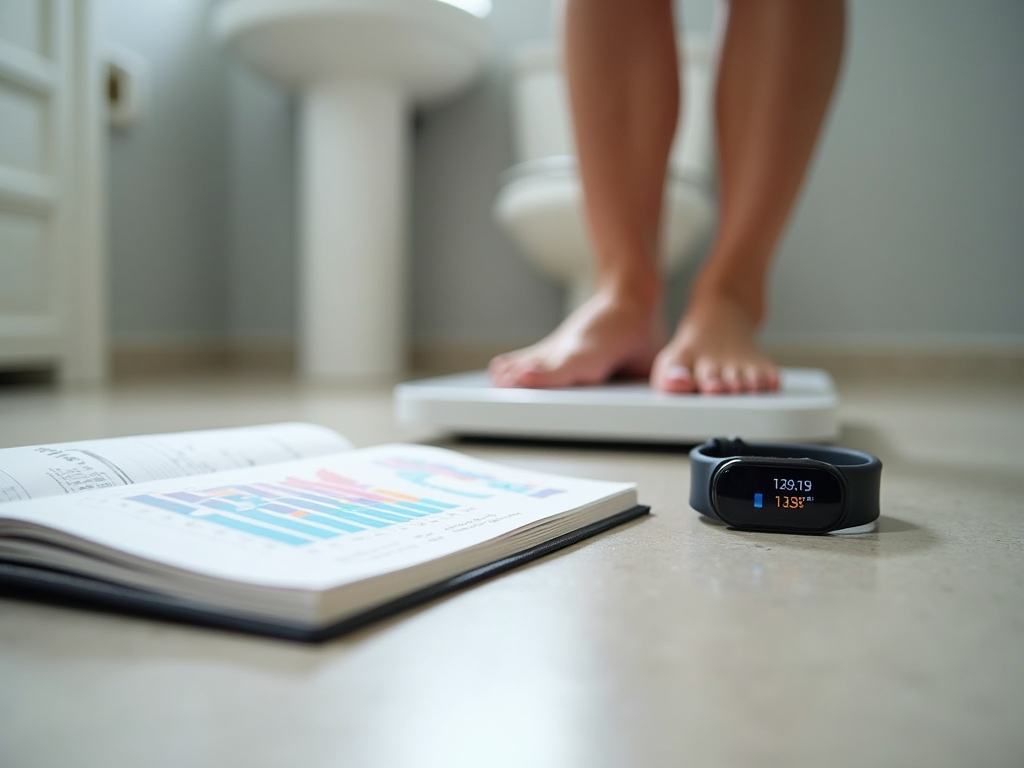 O persoană care se cântărește în baie, cu un tracker de fitness și un caiet cu grafice de progres alături.