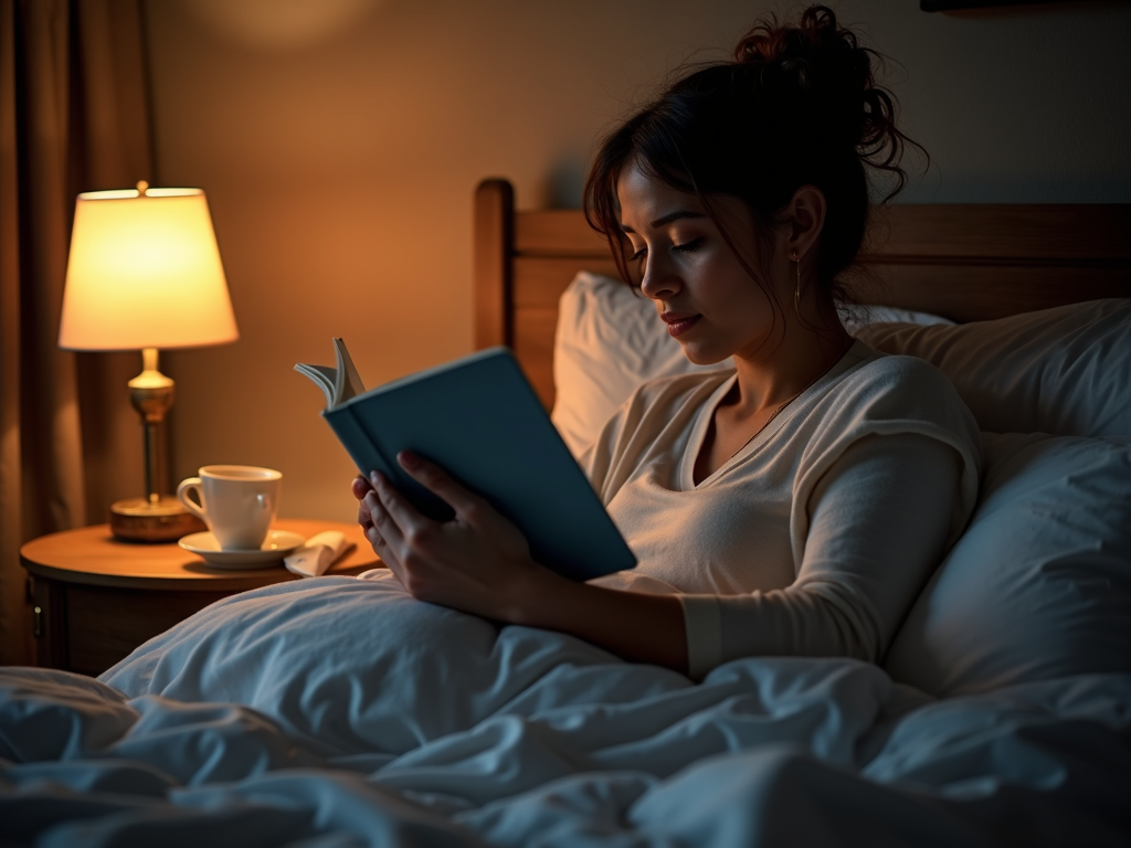 O persoană care citește o carte în pat, cu o cană de ceai pe noptieră, sub o lumină caldă și relaxantă.