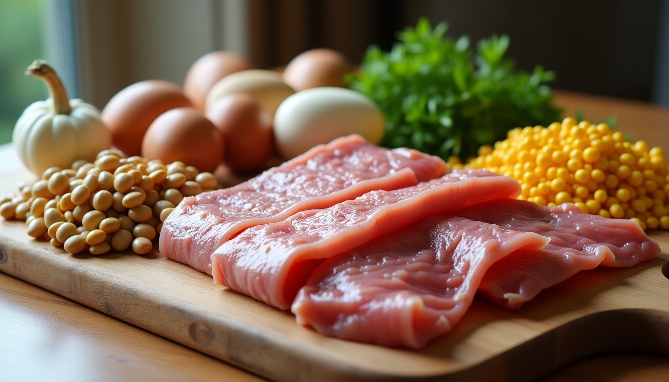 Imagine cu o selecție de alimente bogate în proteine, cum ar fi ouă, carne slabă, și leguminoase.