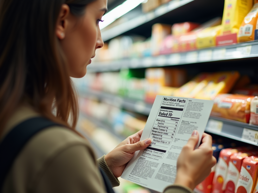 O persoană citește eticheta unui produs alimentar într-un magazin.