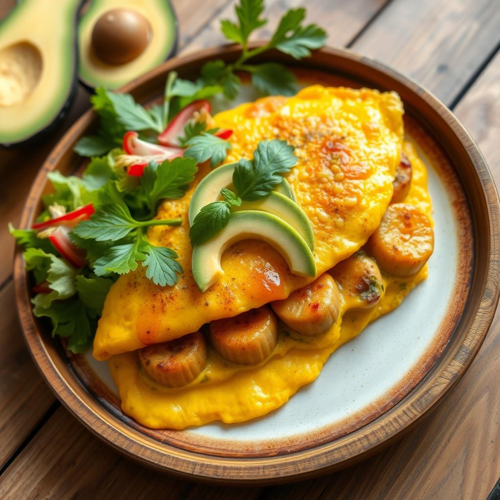 Omeletă cu spanac și avocado pe o masă de lemn, cu ceai verde în fundal.