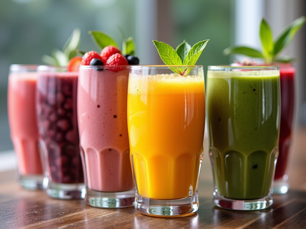 Grup de pahare de smoothie-uri diferite aranjate pe o masă, fiecare cu culori și garnituri distincte, arătând varietatea.