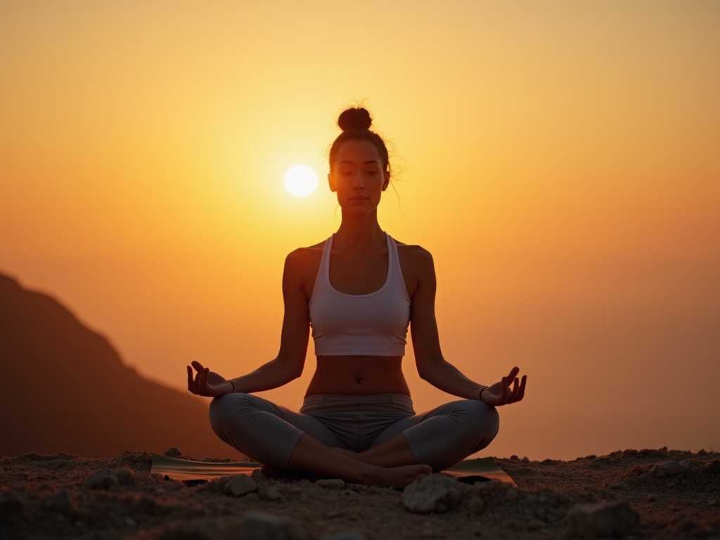 O persoană care face o poziție ușoară de yoga la răsărit, cu o expresie calmă și concentrată.