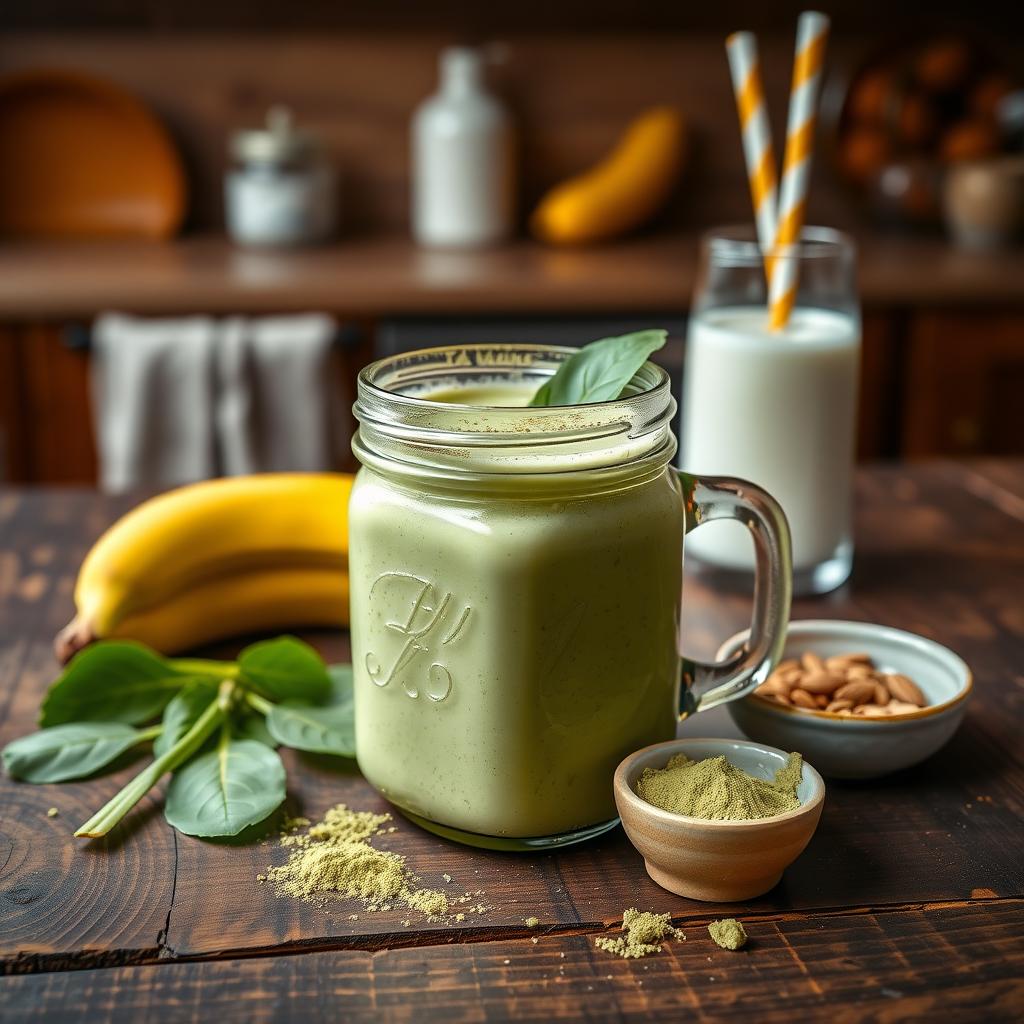 Smoothie cremos cu matcha într-un borcan de sticlă, presărat cu pudră de matcha și frunze de spanac, înconjurat de o banană și lapte de migdale pe o masă de lemn.