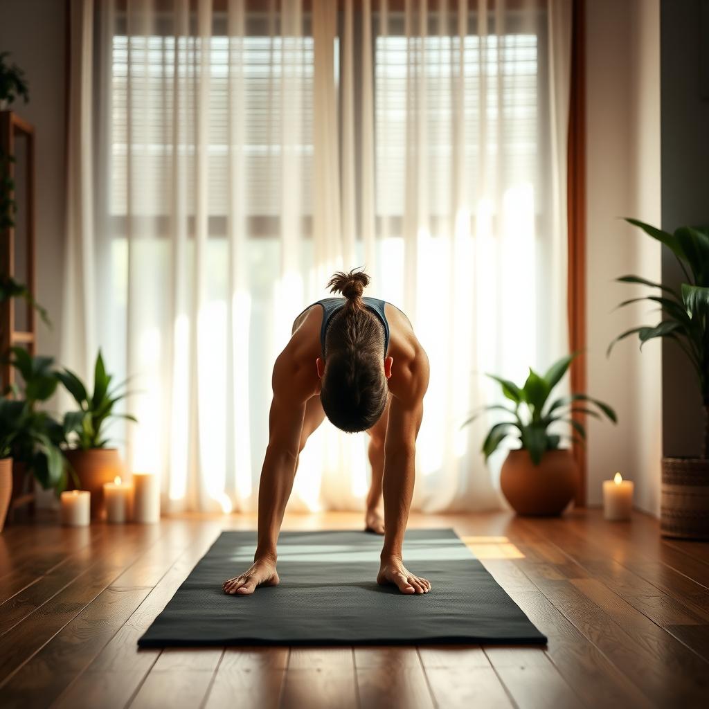Persoană care practică yoga în poziția câinelui cu fața în jos, într-o cameră liniștită cu lumânări și plante.