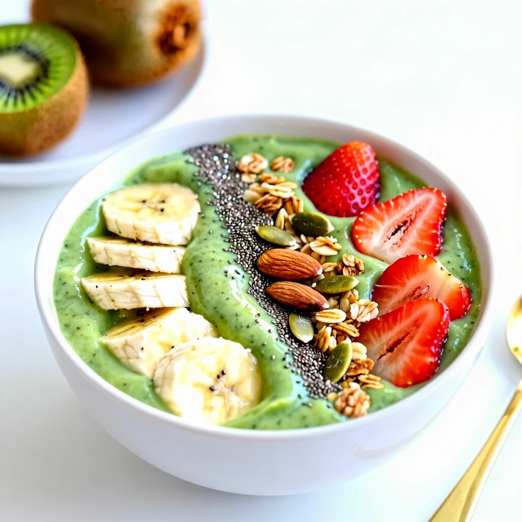 Bol cu smoothie verde decorat cu fructe proaspete, semințe și granola