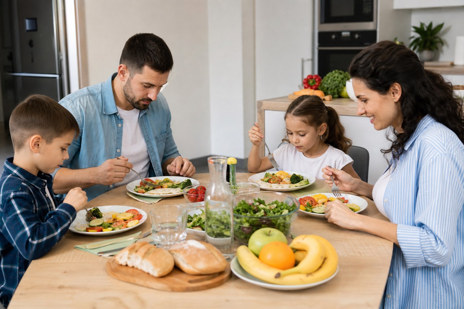 Familie românească mâncând o alimentație sănătoasă împreună
