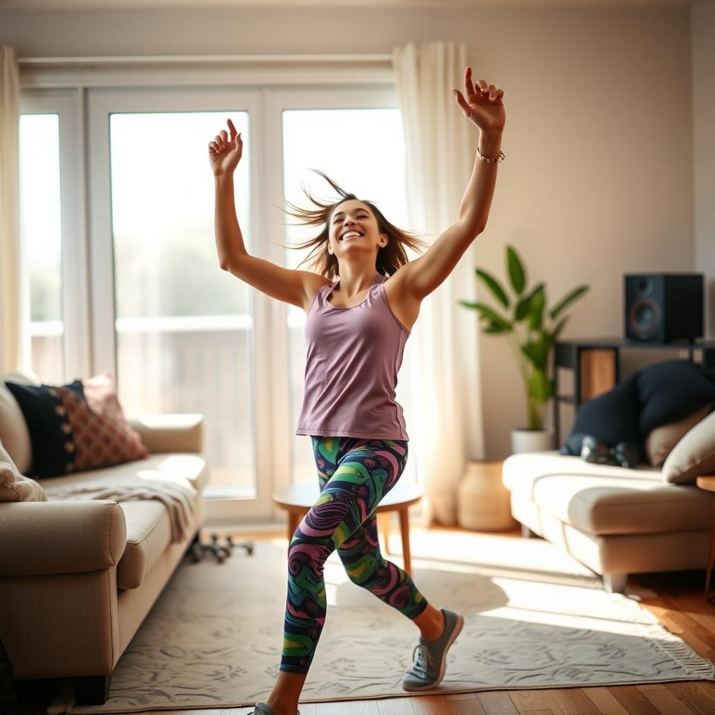 O persoană veselă care dansează liber într-un living confortabil, purtând haine colorate de sport, cu un difuzor care redă muzică.
