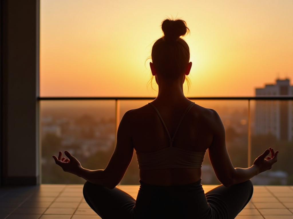 Persoană care face yoga la răsărit pe un balcon