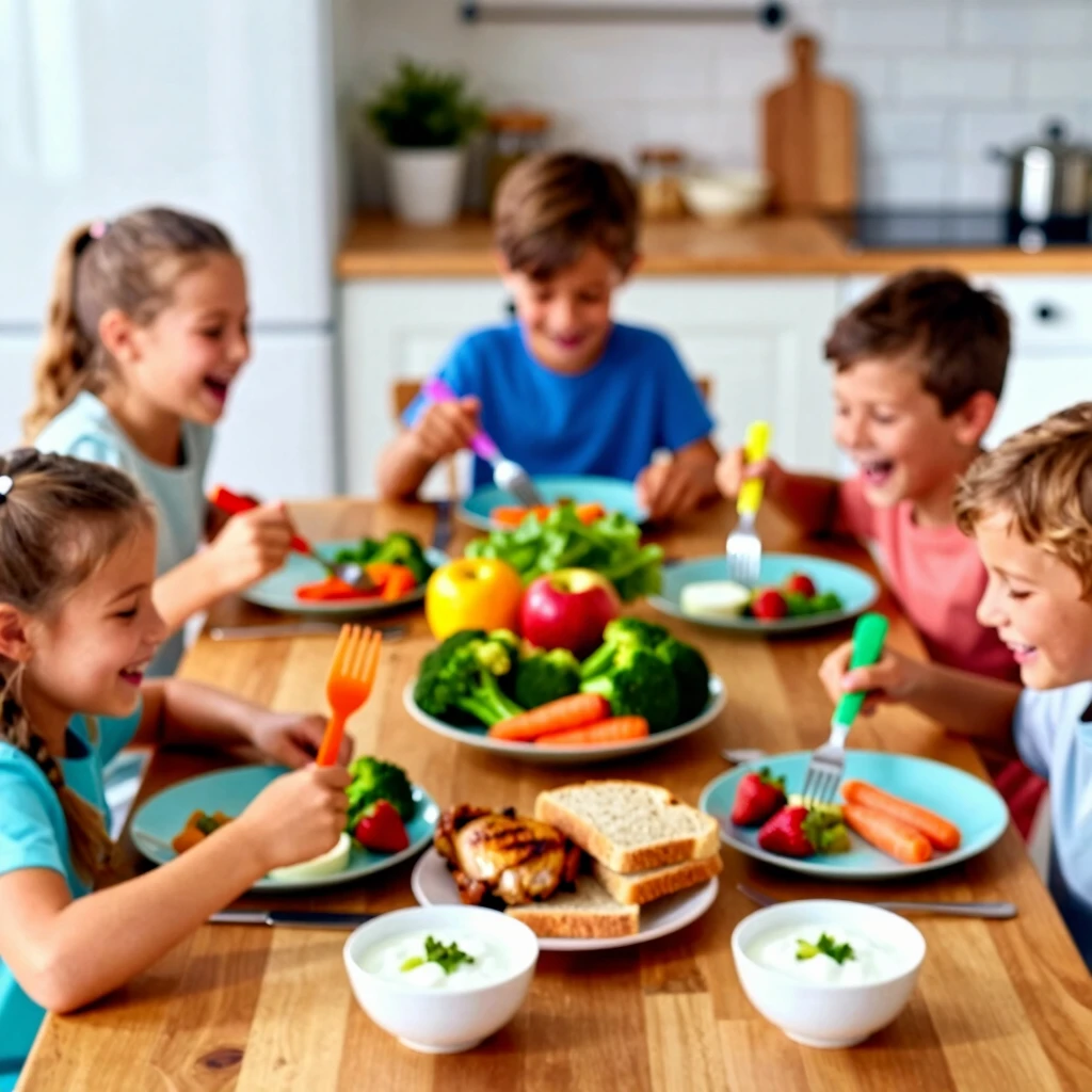 Familie veselă la masă, savurând alimente proaspete și colorate