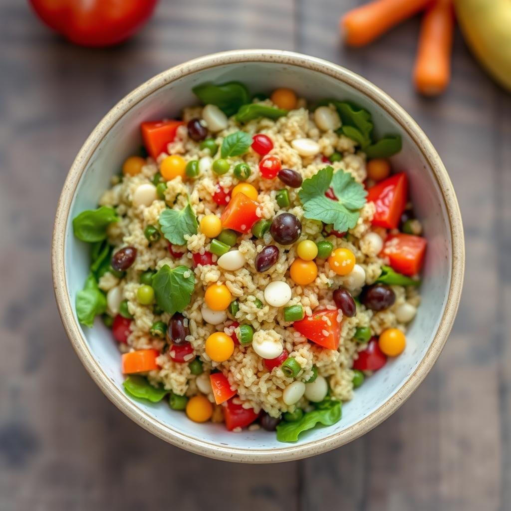 Salată de quinoa cu pui la grătar şi legume, într-un bol de sticlă.