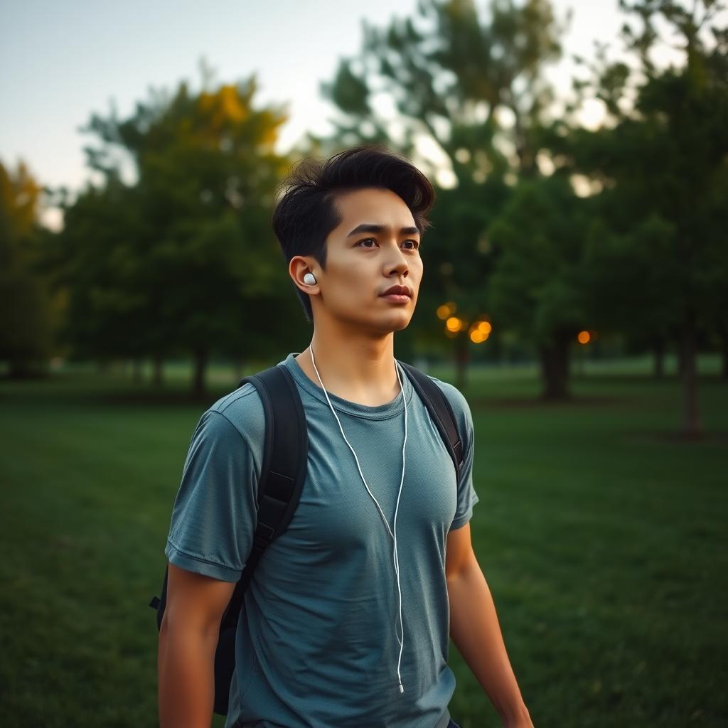 O persoană care se plimbă într-un parc verde luxuriant la apus, purtând haine sport casual și căști, cu o expresie calmă și concentrată, înconjurată de copaci și un cer senin.