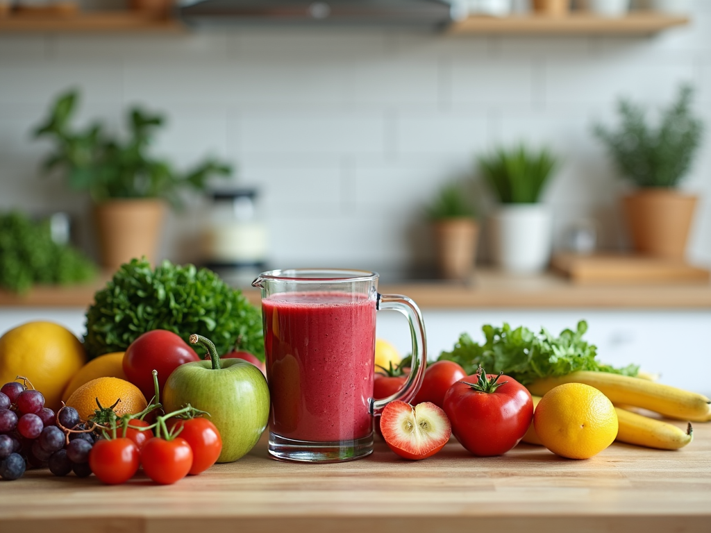 Un blat de bucătărie cu fructe proaspete, legume și un blender pentru smoothie-uri sănătoase