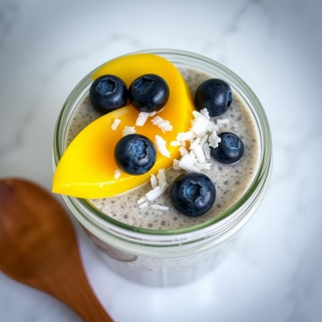 Un borcan de sticlă cu budincă de chia, acoperită cu felii de mango proaspăt, afine și fulgi de cocos, așezat pe un blat de marmură albă, cu o lingură de lemn alături.