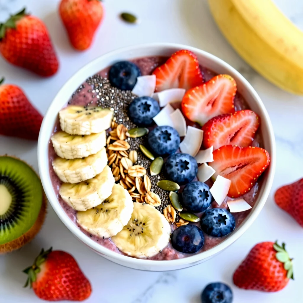 Vedere de sus a unui bol cu smoothie sănătos decorat cu fructe proaspete, nuci și semințe