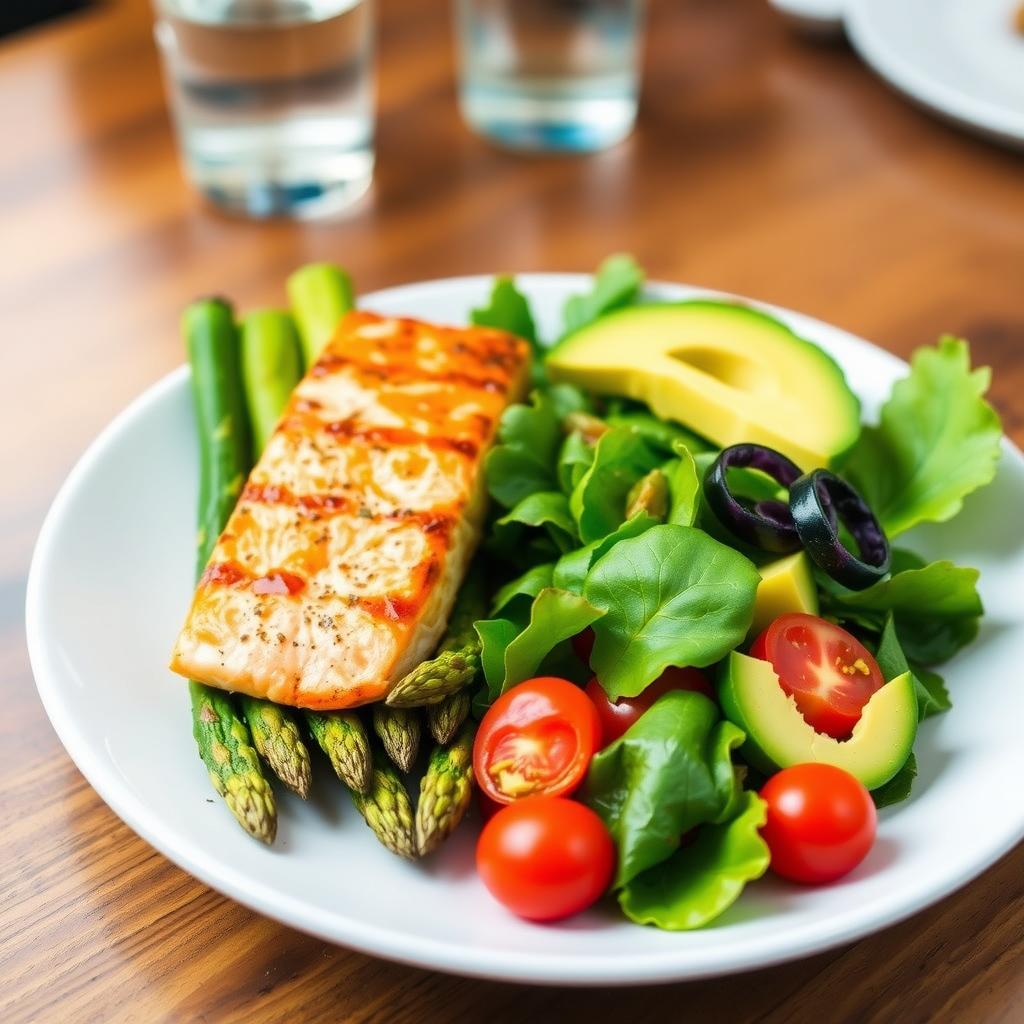 Farfurie colorată cu alimente sănătoase: somon la grătar, sparanghel aburit și salată verde cu roșii cherry și avocado, pe o masă din lemn.